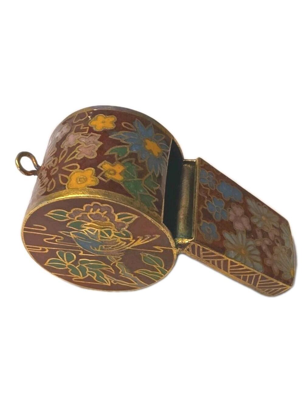 1980s Vintage Brass Cloisonne Whistle Pendant Charm Pendant Red Flowers 2”
